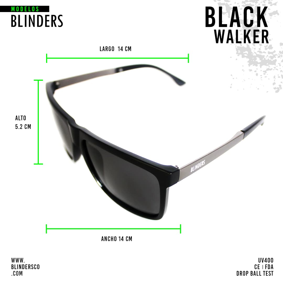 Lentes de sol Blinders Black Walker frontal con marco negro y lentes espejados negros, estilo unisex UV400