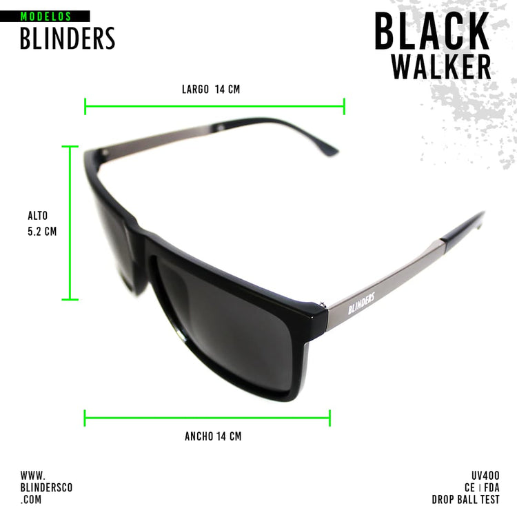 Lentes de sol Blinders Black Walker frontal con marco negro y lentes espejados negros, estilo unisex UV400