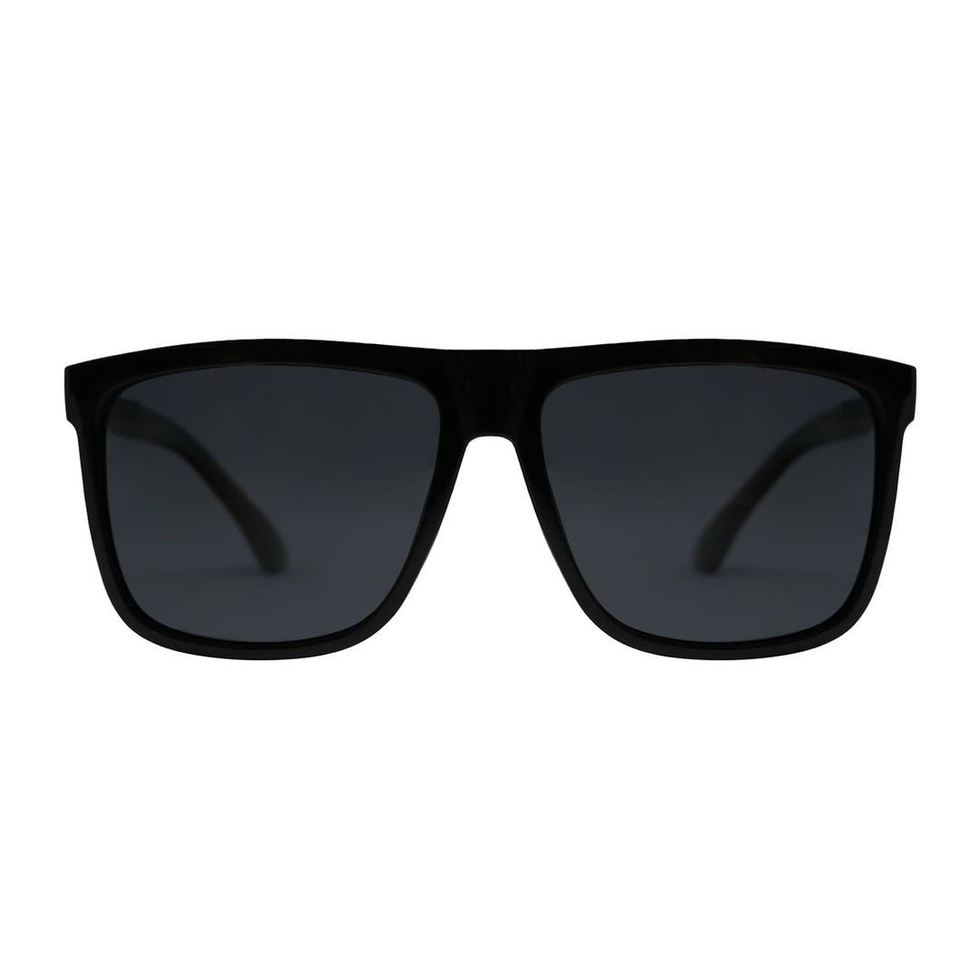 Lentes de sol Blinders Black Walker frontal con marco negro y lentes espejados negros, estilo unisex UV400