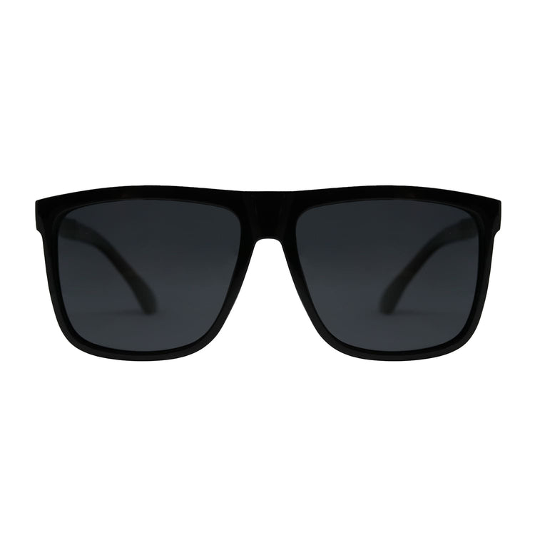 Lentes de sol Blinders Black Walker frontal con marco negro y lentes espejados negros, estilo unisex UV400